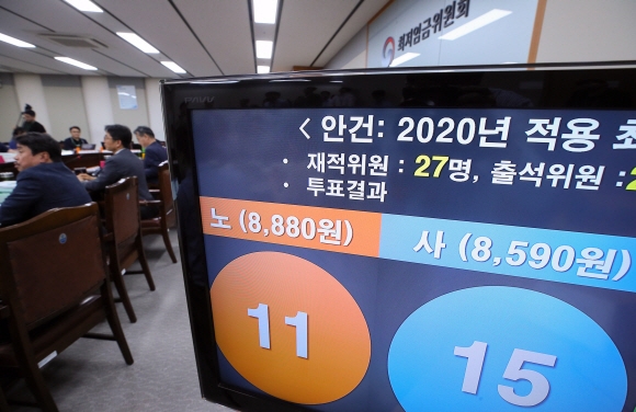 내년 적용 최저임금이 올해보다 2.87% 오른 시간당 8590원으로 결정됐다.  연합뉴스