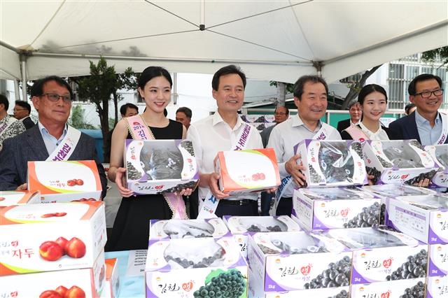 박겸수(왼쪽 세 번째) 강북구청장이 지난해 구청 광장에서 열린 경북 김천시의 농·특산물 직거래장터 행사에서 자두 상자를 들고 활짝 웃고 있다. 강북구 제공