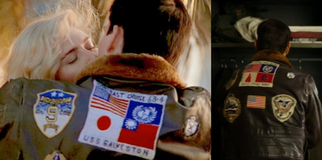 영화 ‘탑건’ 전편(왼쪽)과 속편 예고편에 등장한 주인공 항공재킷의 등 패치. 대만과 일본 국기가 다른 마크로 바뀌었다. 비즈니스인사이더