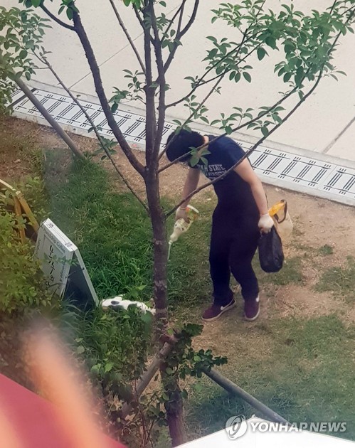 지난 7월 마포구 경의선 책거리 한 카페 앞에서 고양이를 학대한 혐의로 기소된 남성이 당시 현장 폐쇄회로(CCTV)에 잡힌 모습. 연합뉴스