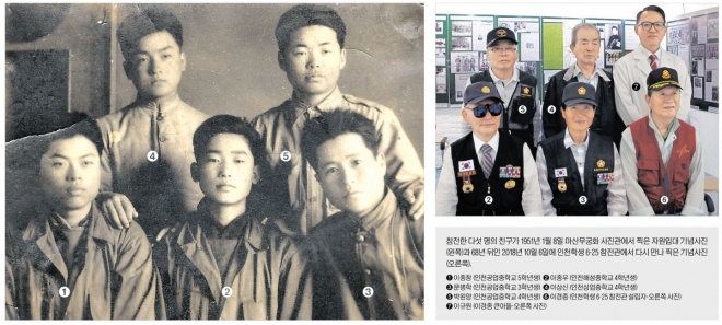 참전한 다섯 명의 친구가 1951년 1월 8일 마산무궁화 사진관에서 찍은 자원입대 기념사진(왼쪽)과 68년 뒤인 2018년 10월 6일에 인천학생 6·25 참전관에서 다시 만나 찍은 기념사진(오른쪽). ① 이종창 (인천공업중학교 5학년생) ② 이종우 (인천해성중학교 4학년생) ③ 문병학 (인천공업중학교 3학년생) ④ 이상신 (인천상업중학교 4학년생) ⑤ 박원양 (인천공업중학교 4학년생) ⑥ 이경종 (인천학생 6·25 참전관 설립자·오른쪽 사진) ⑦ 이규원 (이경종 큰아들·오른쪽 사진)