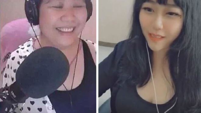 ‘인터넷 스트리밍 여신’으로 추앙받던 중국 여성 차오비뤄가 평소 쓰던 필터가 적용되지 않은 모습(왼쪽)이 논란이 됐다. 오른쪽은 이전에 필터를 사용해 방송하던 모습.  더우위