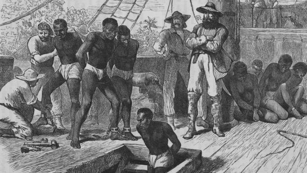 노예선 갑판 위에서 벌어지곤 했던 참상을 묘사한 그림.