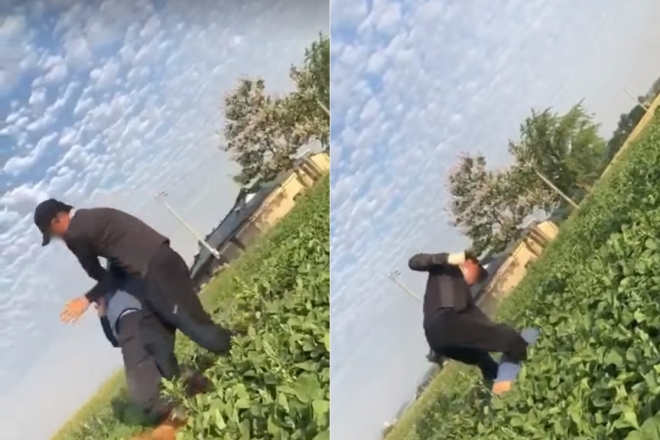 농촌에서 일하는 외국인 노동자를 폭행하는 영상.  페이스북 캡처