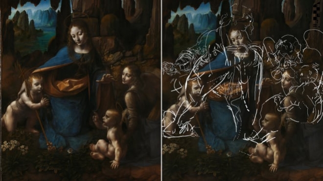 레오나르도 다빈치의 작품 ‘바위산의 성모’(왼쪽)와 이번에 발견된 밑그림을 합성한 모습(오른쪽). 영국런던국립박물관 CNN 제공