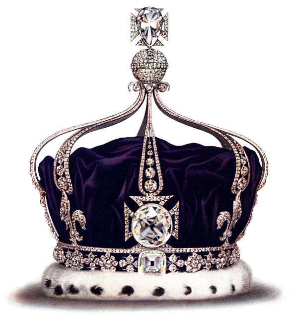 엘리자베스 2세의 어머니인 메리 왕비의 관에 장식된 108.93캐럿짜리 코이누르 다이아몬드. 왕관 정면 가운데 동그랗고 큰 보석이 코이누르 다이아몬드다. ‘소유하는 자가 세계를 지배한다’는 전설이 전해오는 다이아몬드는 여러 강대국의 손을 거쳐 현재 영국 런던탑에 전시돼 있다. 을유문화사 제공