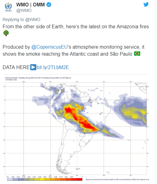 세계기상기구(WMO)의 트위터 계정에 올라온 최근 아마존 화재의 위성사진