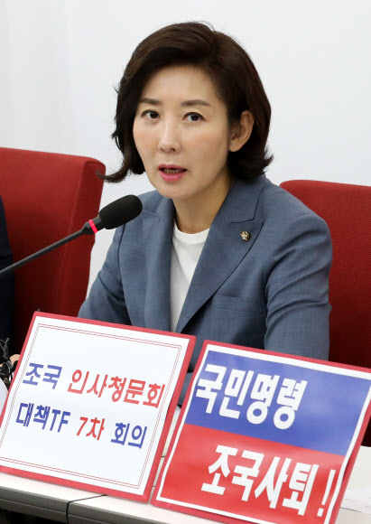 자유한국당 나경원 원내대표가 27일 오전 국회 원내대표실에서 조국(법무부 장관 후보자) 인사청문회 대책TF 7차회의를 주재하고 있다. 2019.8.27  연합뉴스