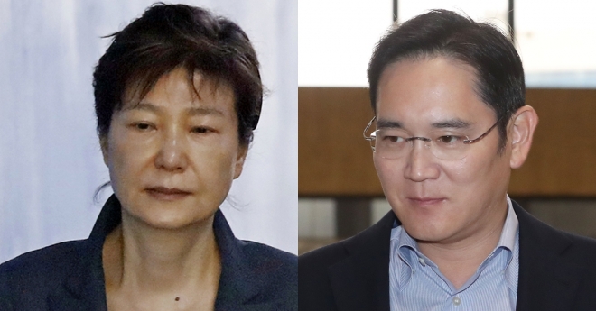 박근혜(왼쪽) 전 대통령과 이재용 삼성전자 부회장. 연합뉴스