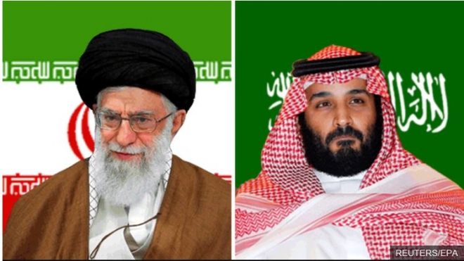아야톨라 알하메네이(왼쪽) 이란 최고지도자와 무함마드 빈살만 사우디아라비아 왕세자이자 실질적 통치자. 로이터 EPA 자료사진