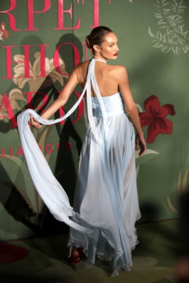 남아프리카 모델 캔디스 스완포엘이 22일(현지시간) 이탈리아 밀라노에서 열린 ‘2020 여성 봄 패션 위크’ 중 ‘그린 카펫 패션 어워드 이탈리아 2019’에 참석해 포즈를 취하고 있다. AP 연합뉴스