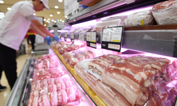 아프리카 돼지열병(ASF)이 확산하면서 돼지고기 가격이 오르고 있는 가운데, 25일 서울 시내의 한 대형마트 정육코너에 국내산 돼지고기가 진열돼 있다. 2019. 9 25 박윤슬 기자 seul@seoul.co.kr
