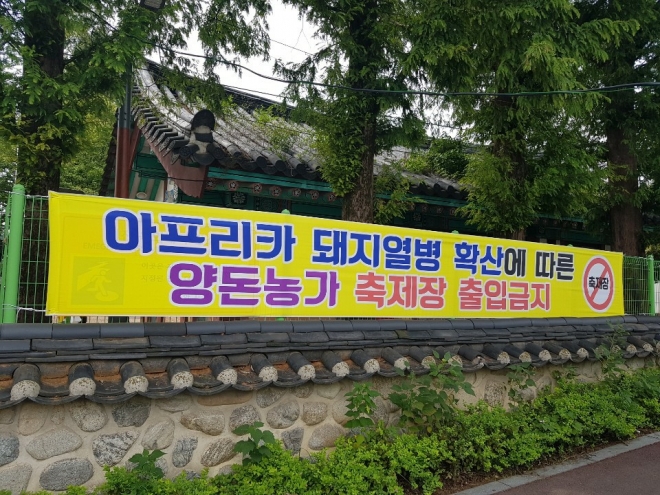 전국이 아프리카 돼지열병 공포에 휩싸여 있는 데도 충남 천안시가 흥타령춤축제를 취소나 연기하지 않고 강행하면서 정작 시민인 천안 양돈 농민들에게 금족령을 내리는 플래카드를 내걸었다. 천안시 제공