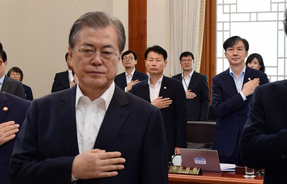 문재인 대통령과 조국(뒷줄 오른쪽 첫 번째) 법무부 장관을 포함한 국무위원들이 8일 청와대 본관에서 열린 국무회의에서 국기에 대한 경례를 하고 있다. 도준석 기자 pado@seoul.co.kr