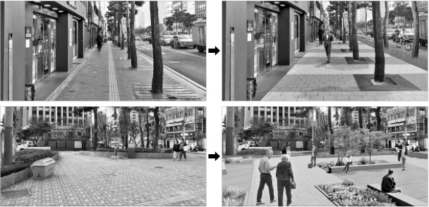 서울시가 2025년까지 추진하는 도로 공간 재편 사업을 통해 차로를 대폭 축소하고 자전거 전용도로와 띠 녹지가 들어선 모습(위 사진). 아래 사진은 녹지와 편의 시설 등이 새롭게 들어서며 보행 공간으로 거듭난 퇴계로 광희동교통섬의 변화된 모습을 조감도를 통해 보여 주고 있다. 서울시 제공