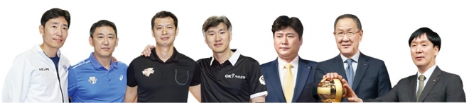 왼쪽부터 신진식·최태웅· 장병철·석진욱·권순찬·박기원· 신영철 감독.