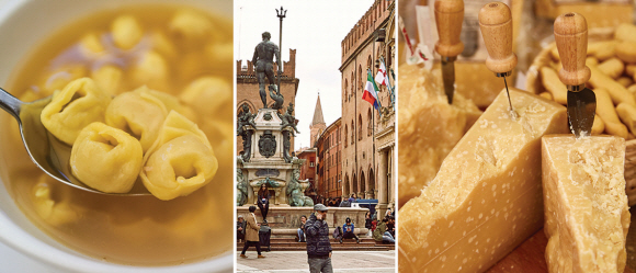 이탈리아 북부 에밀리아로마냐주의 주도 볼로냐(가운데)에는 작은 만두 같은 파스타 토르텔리니를 국물과 함께 즐기는 ‘토르텔리니 인 브로도’(왼쪽)가 있다. 로마냐 지방의 상징이나 다름없는 토르텔리니에는 파르미지아노 치즈(오른쪽)처럼 이 지역을 대표하는 식재료가 들어간다.
