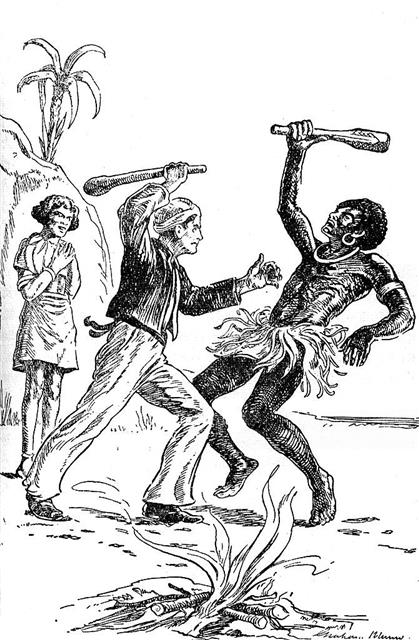 1885년 출간된 ‘산호섬’의 삽화. 주인공 잭이 원주민을 공격하는 모습을 그렸다. 백인 우월성과 유럽의 복음주의를 정당화하려는 의도가 담겼다. 소명출판 제공