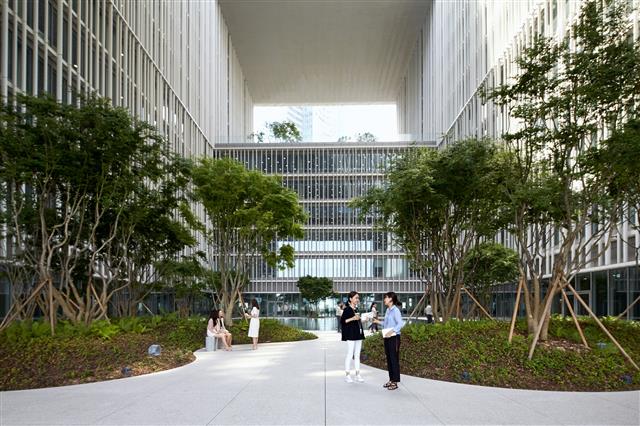 직원들의 휴식처로 자리잡은 아모레퍼시픽의 건물 속 정원인 ‘루프 가든’의 모습. 아모레퍼시픽 제공