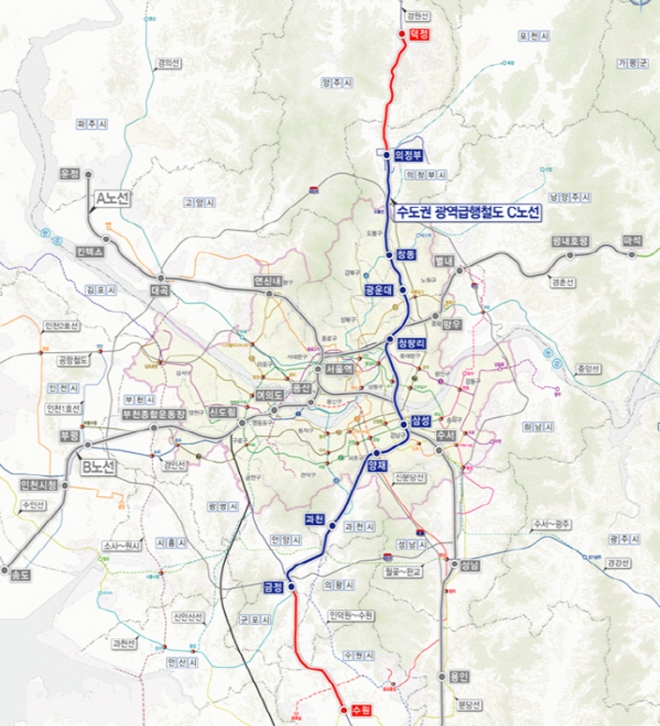 모두 10개 정거장이 신설되는 GTX-C노선도.