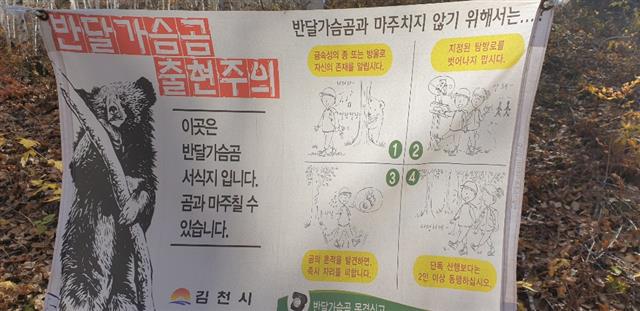 환경부가 반달가슴곰 새끼 3마리를 방사할 계획이던 경북 김천 수도산 일대에는 곰 출현지역을 알리는 경고 표지판과 곰과 만났을 때의 대처 요령 등을 설명한 안내문이 설치돼 있다. 서울신문 DB