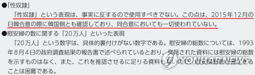 일본 외무성이 펴낸 2019년 외교청서의 일본군 위안부 문제에 관한 코너에 “’성노예’라는 표현은 사실에 반하므로 사용해서는 안 된다. 이런 점은 2015년 12월 일한 합의 때 한국 측도 확인했으며 동 합의에서도 일절 사용되지 않았다”고 기록(붉은 밑줄)돼 있다. 연합뉴스