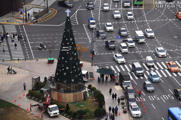 13일 서울광장에 크리스마스 트리가 설치되고 있다. 2019.11.13 오장환 기자 5zzang@seoul.co.kr