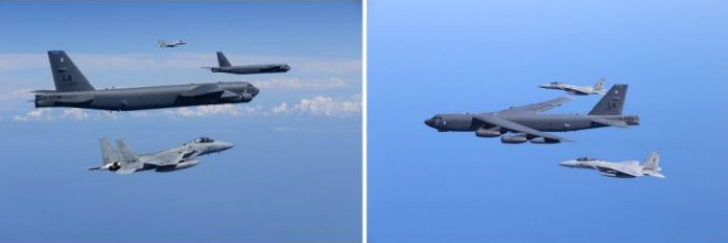 지난해 7월 우리나라 영해 밖 동해에서 공동훈련을 펼친 미 공군의 전략폭격기 B-52와 일본 항공자위대의 F-15 전투기. 왼쪽 사진의 중앙에 있는 두 대가 미 공군의 전략폭격기 B-52기며 그 위 아래에 있는 것이 항공자위대 F-15 전투기. 오른쪽 사진 가운데가 B-52기, 나머지 두 대가 F-15기.  일본 항공자위대 홈페이지