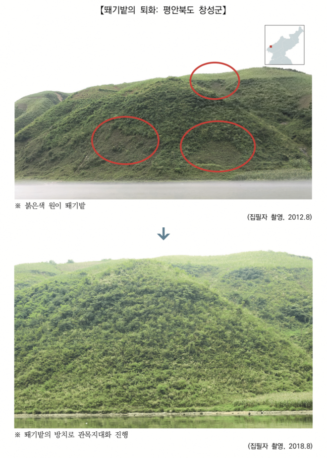 2012년 평양북도 창성군 한 언덕에 뙈기밭이 군데군데 관찰됐지만 2018년 8월에는 뙈기밭이 사라지고 관목지대가 됐다.(세종연구소 제공)