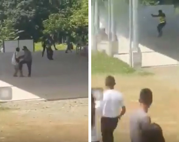 필리핀 이니타오대에서 경찰관이 수류탄을 들고 위협하는 용의자를 붙잡고 수류탄을 빼앗으려 하고 있다(왼쪽). 그러나 몸싸움 과정에 수류탄이 폭발해 해당 경찰관은 중상을 입었고 안타깝게 병원에서 사망했다(오른쪽). 유튜브 영상캡쳐