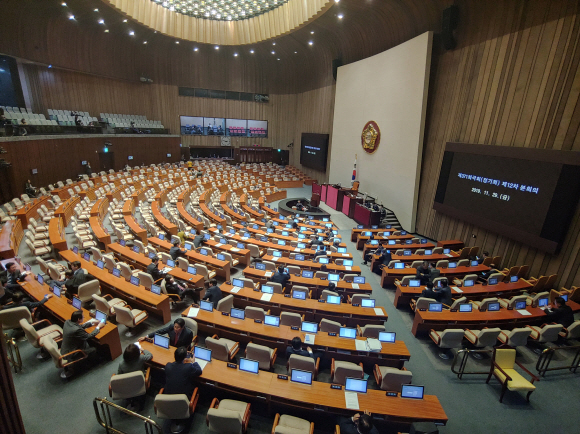 한국당 필리버스터 신청 영향,  열리지 못하는 본회의...29일 오후 개회 예정인 정기국회 12차 본회의가 자유한국당이 유치원 3법 등 모든 안건에 필리버스터를 신청하여 본회의가 열리지 못하고 있다. 2019.11.29 연합뉴스