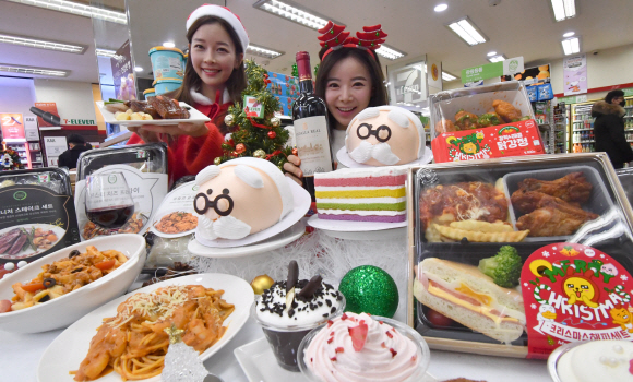 9일 서울 세븐일레븐 소공점에서 홍보모델들이 세븐일레븐의 크리스마스, 연말 파티용 케이크와 먹거리를 선보이고 있다. 2019.12.9. 박지환 기자 popocar@seoul.co.kr