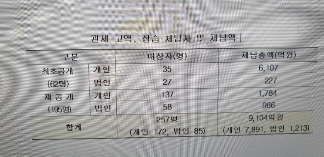 2019년 관세 고액, 상습 체납자 및 체납액 현황