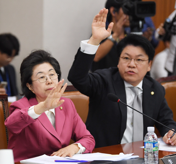 이은재(왼쪽) 자유한국당 의원이 국회 인사청문위원에서 발언권을 신청하고 있다. 2018.9.11 김명국선임기자 daunso@seoul.co.kr