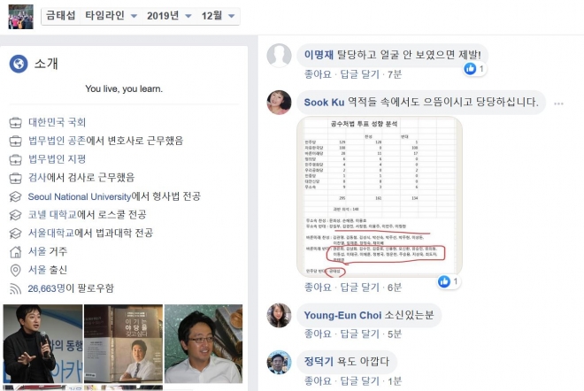 더불어민주당 지지자들의 비난 글이 가득한 금태섭 의원 페이스북 캡처