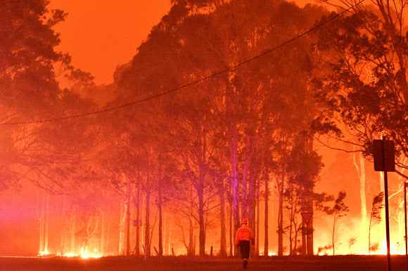 호주 뉴사우스웨일즈주에서 숲이 산불로 붉게 물든 모습.