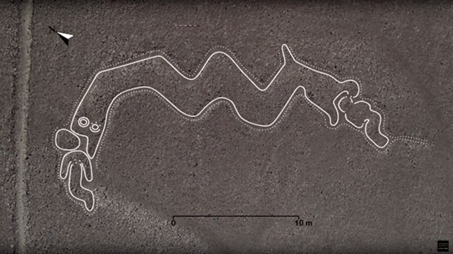 새로 발견된 나스카 라인. 머리 두 개의 뱀이 사람을 잡아먹는 형상이다. 페루관광청 제공
