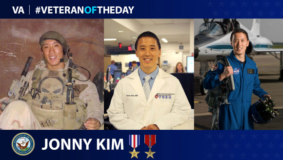 미국 항공우주국(NASA)의 달·화성 탐사팀에 소속된 한국계 조니 김이 네이비실로 중동에 파견됐을 때(맨 왼쪽부터), 하버드 의대 졸업 뒤 병원 근무 시기, NASA 우주비행사 훈련 당시의 모습. 미국 제대군인부 제공
