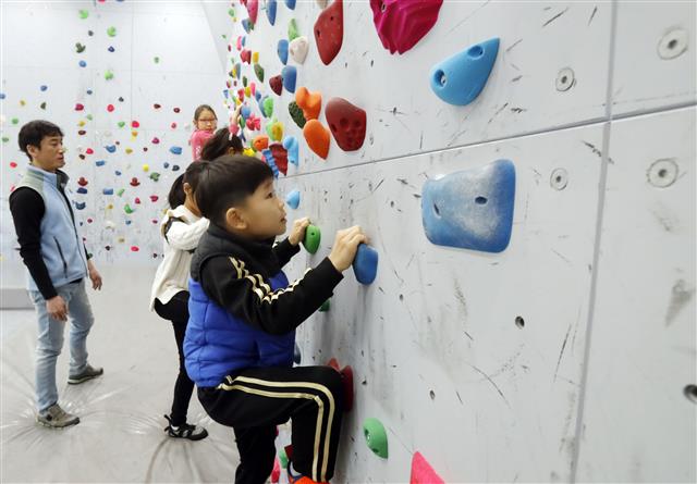 청소년들이 ‘잠실청소년센터’ 7층에 위치한 실내암벽장에서 클라이밍 활동을 하고 있다. 송파구 제공