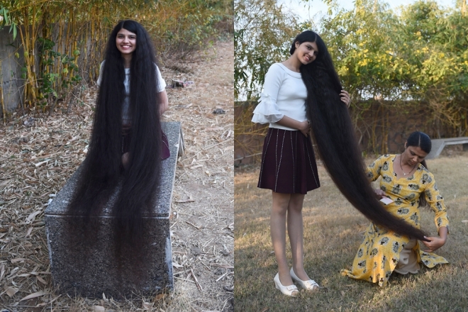 인도 구자라트 주 모다사에 사는 닐란시 파텔(17)이라는 여학생이 지난해 9월 22일 190㎝ 길이의 머리카락으로 ‘가장 긴 머리카락-10대 부문’ 기록을 경신했다. 2020.1.20  AFP 연합뉴스
