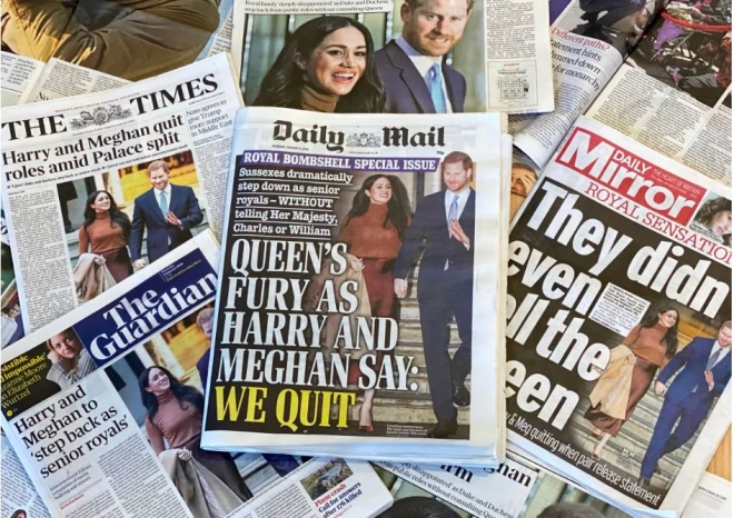 엘리자베스 2세 여왕의 손자인 해리 왕자 부부가 왕실과 결별하겠다고 밝힌 다음날인 지난 9일 영국 일간 신문 대다수는 이런 기사로 1면을 도배했다. 런던 AFP 연합뉴스 