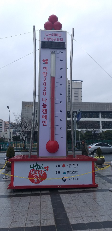 희망2020나눔캠페인 모금실적이 저조해 80도를 넘지 못하고 있는 울산지역 사랑의 온도탑. 울산 박정훈 기자 jhp@seoul.co.kr 