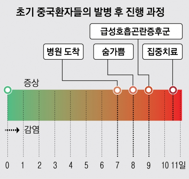 초기 중국 환자들은 감염 이후 7일째 되는 날 병원을 찾았고 8일째 되는 날 숨가쁨 증상을 호소했으며 9일째 되는 날 급성호흡곤란증후군(ARDS) 증상을 보여 10일째 되는 날부터 집중치료를 받았다. 병원을 찾기 전까지 발열, 기침, 극도의 피로, 근육통 등의 증상이 나타났다. 랜싯 제공