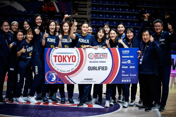 2008년 베이징올림픽 이후 12년 만에 올림픽 진출 티켓을 따낸 한국 여자농구 대표팀 선수들과 코칭 스태프들이 10일(한국시간) 세르비아 베오그라드에서 열린 2020 도쿄올림픽 여자농구 최종예선이 막을 내린 뒤 도쿄올림픽 진출권을 들고 기뻐하고 있다. 국제농구연맹(FIBA) 제공