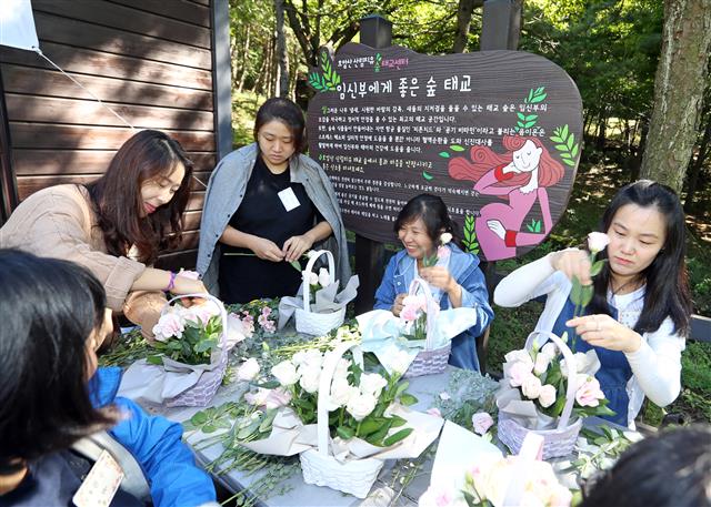 지난해 아동, 청년, 사회적경제, 여성 분야에서 친화도시 인증을 받은 금천구의 사업 현장 모습. 사진은 여성을 위한 호암산 숲태교 프로그램. 금천구 제공