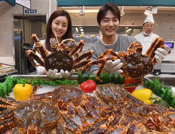 13일 서울 용산구 이마트 용산점에서 모델들이 블루 킹크랩을 선보이고 있다. 이마트는 오는 19일까지 러시아산 블루 킹크랩을 100g당 4,980원에 판매한다. 작년 2월 킹크랩 이마트 평균 판매가격이 100g당 8,980원인 것과 비교해 44%가량 저렴한 가격이다. 2020.2.13 박지환기자 popocar@seoul.co.kr