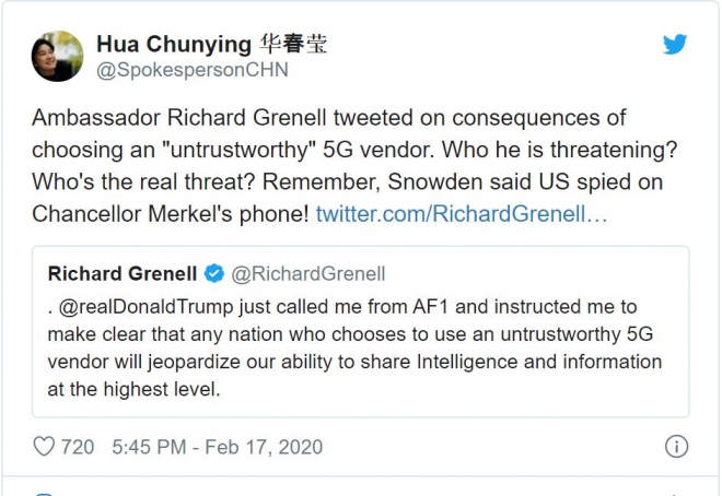 화웨이 퇴출과 채택을 놓고 리처드 그리넬 주독일 미국 대사와 화춘잉 중국 외교부 대변인의 트위터.  