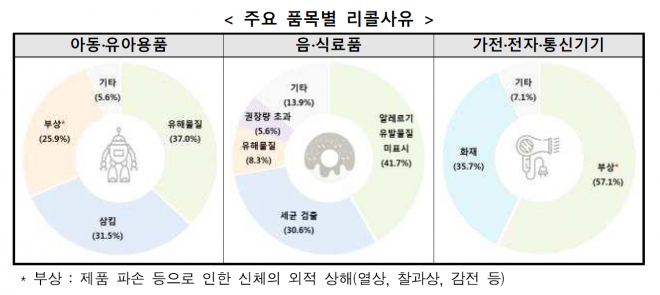 주요 품목별 리콜사유. 한국소비자원 제공.