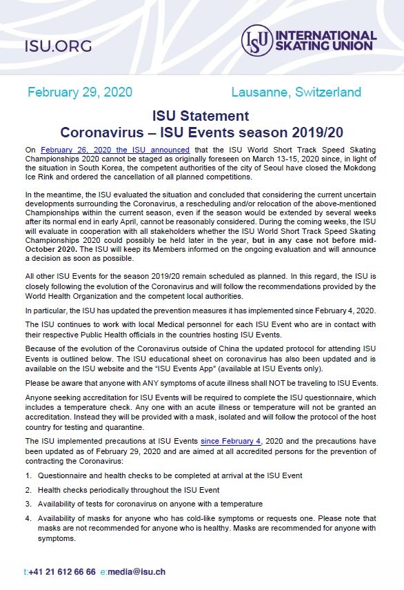 1일 국제빙상경기연맹(ISU)이 10월 중순 이전 대회 개최 어렵다고 밝혔다. ISU 홈페이지 공고 캡처