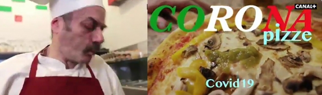 프랑스 ‘카날+’가 이탈리아의 코로나19 확산상황을 풍자해 만든 영상. 왼쪽은 요리사가 이탈리아 국기 색 중 하나인 녹색 침을 뱉는 모습이고, 오른쪽은 코로나 피자를 완성했다며 자막을 넣은 장면. 트위터 캡쳐